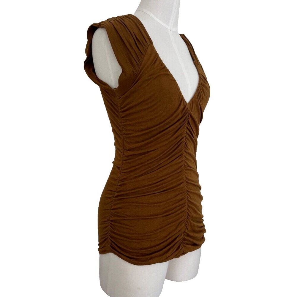 SIS SIS Ruched Top Y2K Brown Women's Medium Jersey Tank Mocha Olive Cap Sleeve